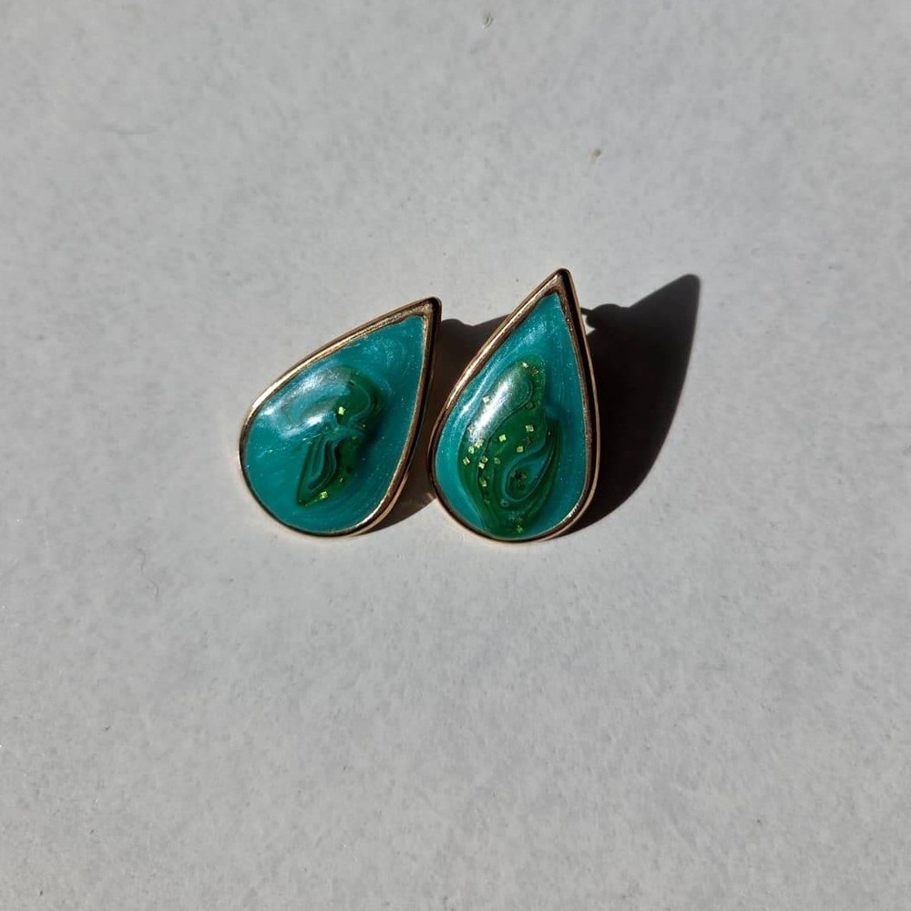 Teardrop Stud Earrings Womens Teal Green Gold Excellent Enamel Retro